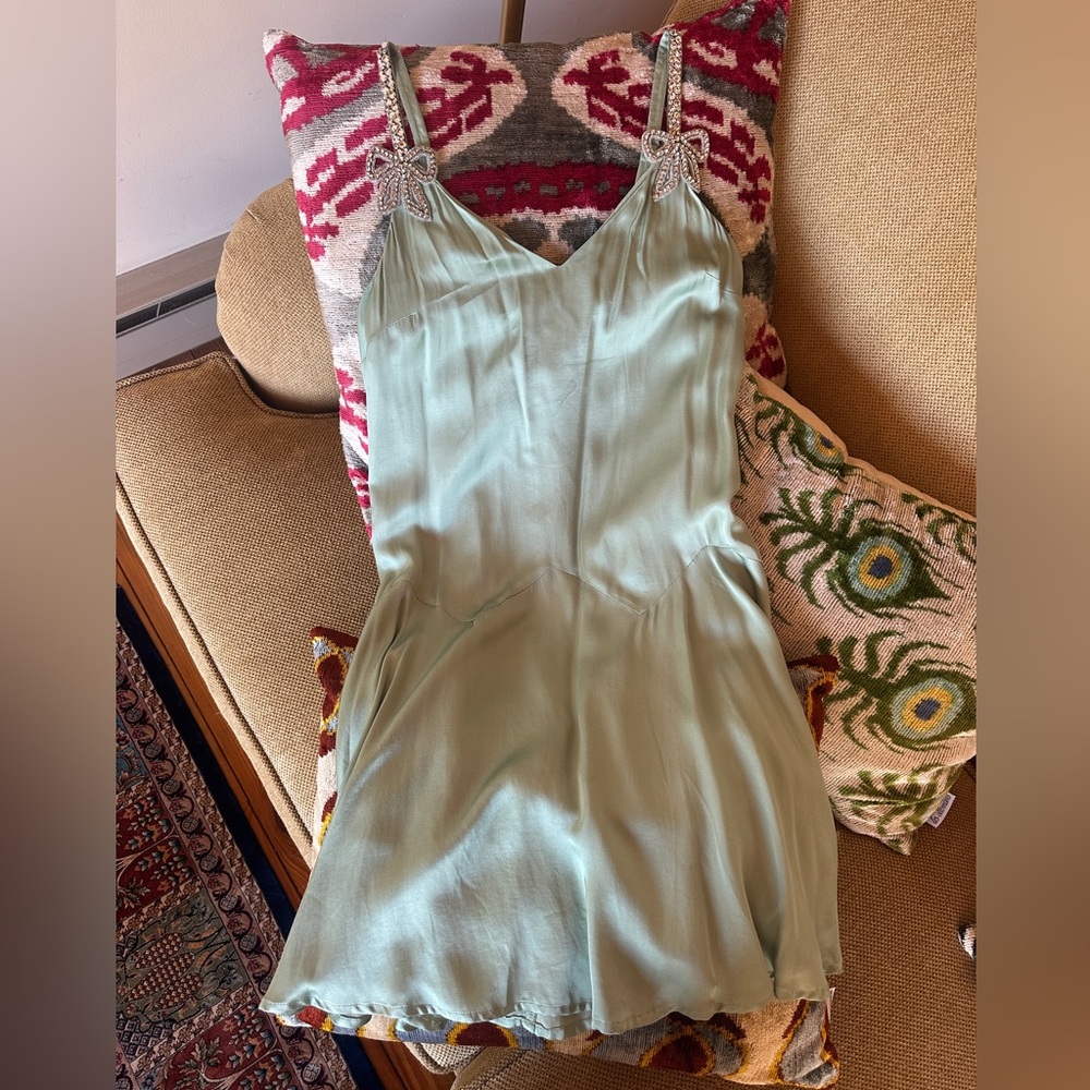 Corey Lynn Calter Elegant Mint Green Slip Dress Rhinestone Bow Straps XS